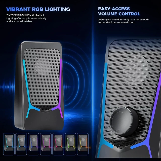 Alt view image 7 of 7 - Computer Speakers for Desktop PC, Gaming Speaker with Volume Control Compact 2.0 Channel Stereo Desktop & Laptop Speaker, 6W, Enhanced Auido Quality, Plug & Play USB Powered, 3.5mm AUX.