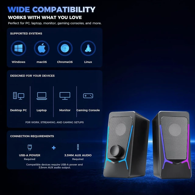 Alt view image 3 of 7 - Computer Speakers for Desktop PC, Gaming Speaker with Volume Control Compact 2.0 Channel Stereo Desktop & Laptop Speaker, 6W, Enhanced Auido Quality, Plug & Play USB Powered, 3.5mm AUX.