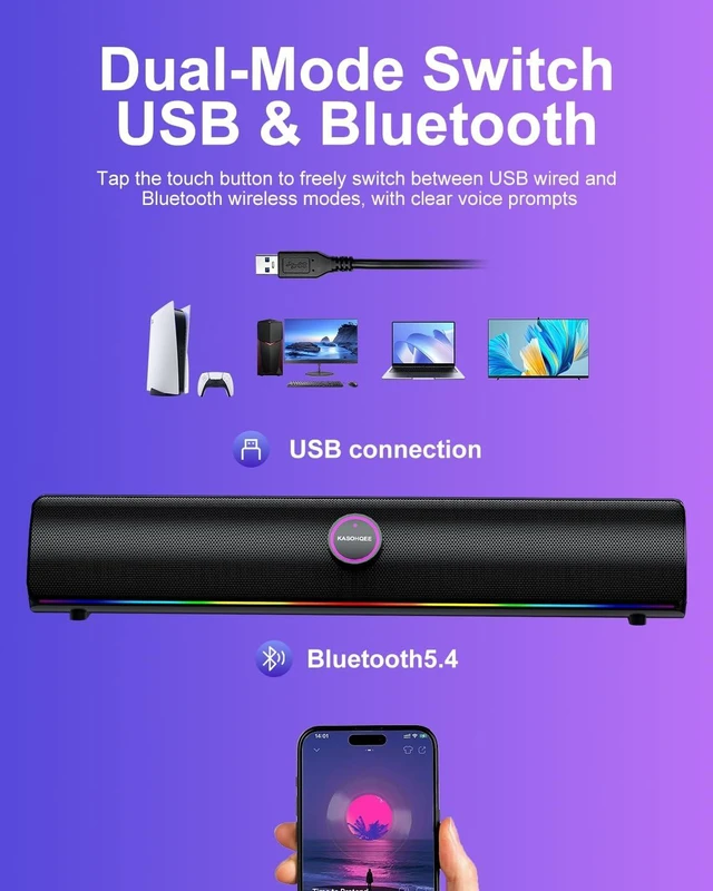 Alt view image 3 of 7 - Computer Speakers for Desktop PC, USB Speakers for Gaming, Music Laptop Speakers with Single USB for Power & Stereo Sound, PC Speakers, Bluetooth 5.4 PC Sound Bar with Bass Mode, RGB Light