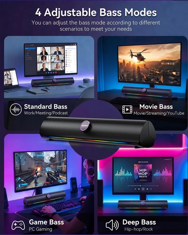 Alt view image 2 of 7 - Computer Speakers for Desktop PC, USB Speakers for Gaming, Music Laptop Speakers with Single USB for Power & Stereo Sound, PC Speakers, Bluetooth 5.4 PC Sound Bar with Bass Mode, RGB Light
