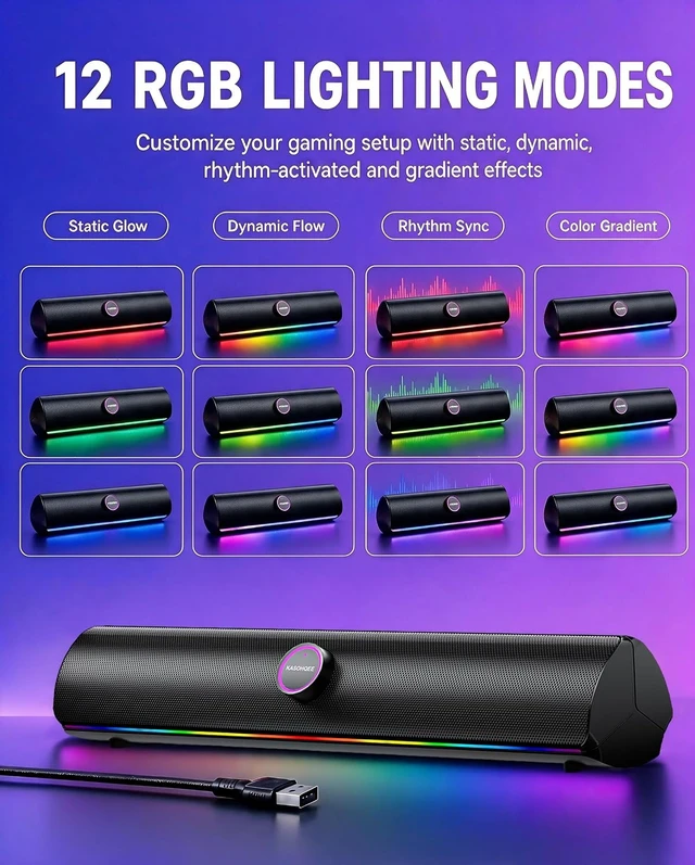 Alt view image 4 of 7 - Computer Speakers for Desktop PC, USB Speakers for Gaming, Music Laptop Speakers with Single USB for Power & Stereo Sound, PC Speakers, Bluetooth 5.4 PC Sound Bar with Bass Mode, RGB Light