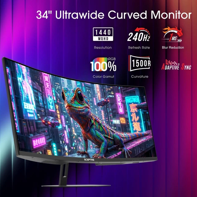Alt view image 2 of 7 - Sceptre Curved 34-inch Prime Gaming Monitor 3440 x 1440 up to 240Hz 1500R 1ms 100% sRGB DisplayPort x2 HDMI x2 Build-in Speakers, Machine Black