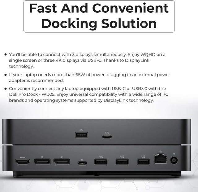 Alt view image 3 of 7 - Dell Pro Dock WD25 USB-C Docking Station 100W Power, Dual 4K Display Support, Includes Anyhdd HDMI, DisplayPort and C to C Cable