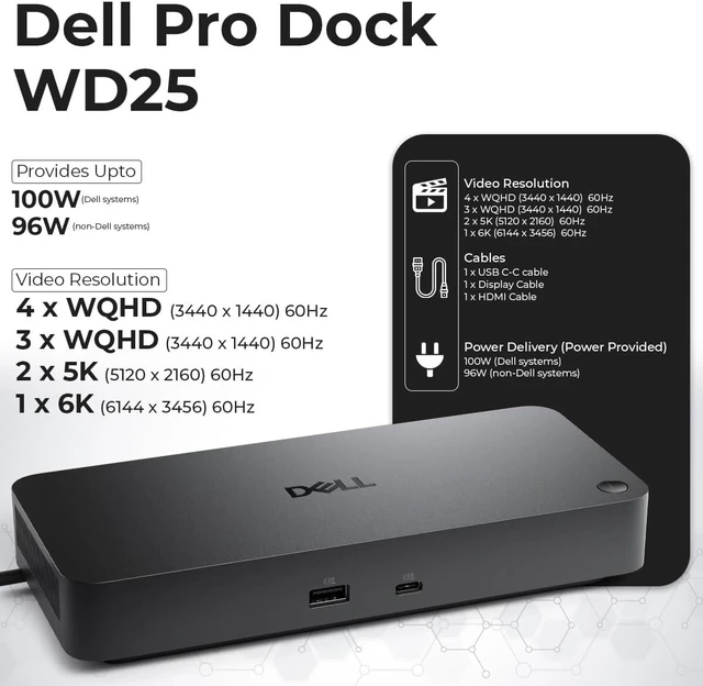 Alt view image 6 of 7 - Dell Pro Dock WD25 USB-C Docking Station 100W Power, Dual 4K Display Support, Includes Anyhdd HDMI, DisplayPort and C to C Cable