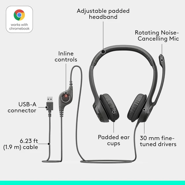 Alt view image 5 of 7 - 10 Pack Logitech Wired Headset PC/Laptop Stereo Headphones, USB-A, For PC/Laptop, stereo headphones, microphone, in-line controls, works with Chromebook