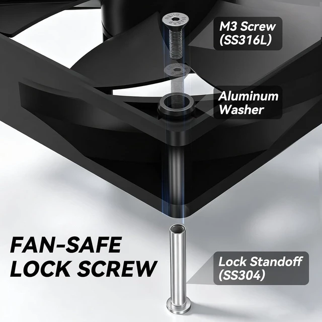 Alt view image 2 of 5 - PC Fan Screws for 30mm Fans, 4PCS Fan-Safe Lock Screw Kit, Stainless Steel M3 Screw & Lock Standoff with Aluminum Washer, Zero-Damage Case Fan Screws for 25mm PC Cooling Fans Mounting
