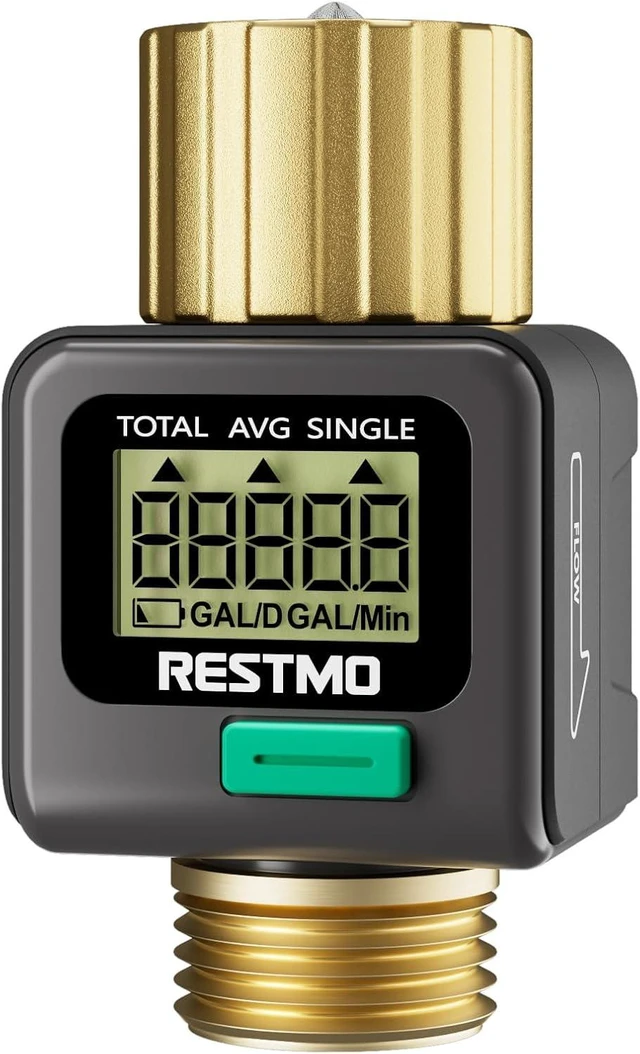Main image of Water Flow Meter, Measure Gallon/Liter Consumption and Flow Rate Brass Inlet & Outlet, Water Meter for Outdoor Garden Hose Watering, RV Water Tank Filling, Lawn Sprinkler and Nozzle Sprayer