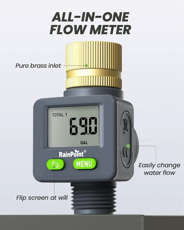 Alt view image 6 of 7 - Water Flow Meter with Brass Inlet, 180°Screen-Flip Garden Hose Flow Meter, Measure up to 9999.9 Gallon/Liter Consumption & Flow Rate for RV, Garden Hose, Sprinkler & Nozzle Sprayer