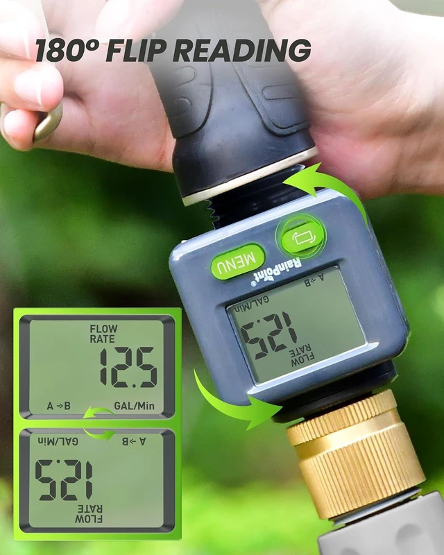 Alt view image 4 of 7 - Water Flow Meter with Brass Inlet, 180°Screen-Flip Garden Hose Flow Meter, Measure up to 9999.9 Gallon/Liter Consumption & Flow Rate for RV, Garden Hose, Sprinkler & Nozzle Sprayer