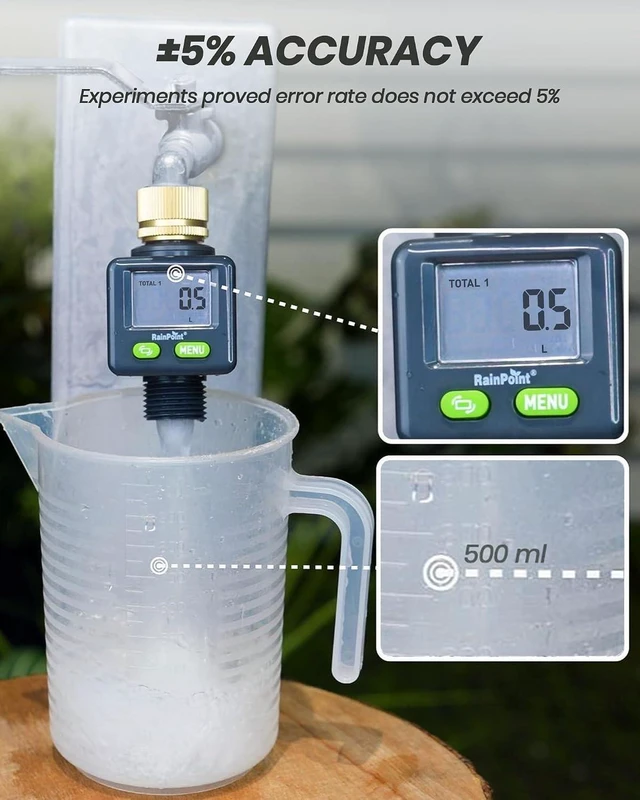 Alt view image 7 of 7 - Water Flow Meter with Brass Inlet, 180°Screen-Flip Garden Hose Flow Meter, Measure up to 9999.9 Gallon/Liter Consumption & Flow Rate for RV, Garden Hose, Sprinkler & Nozzle Sprayer