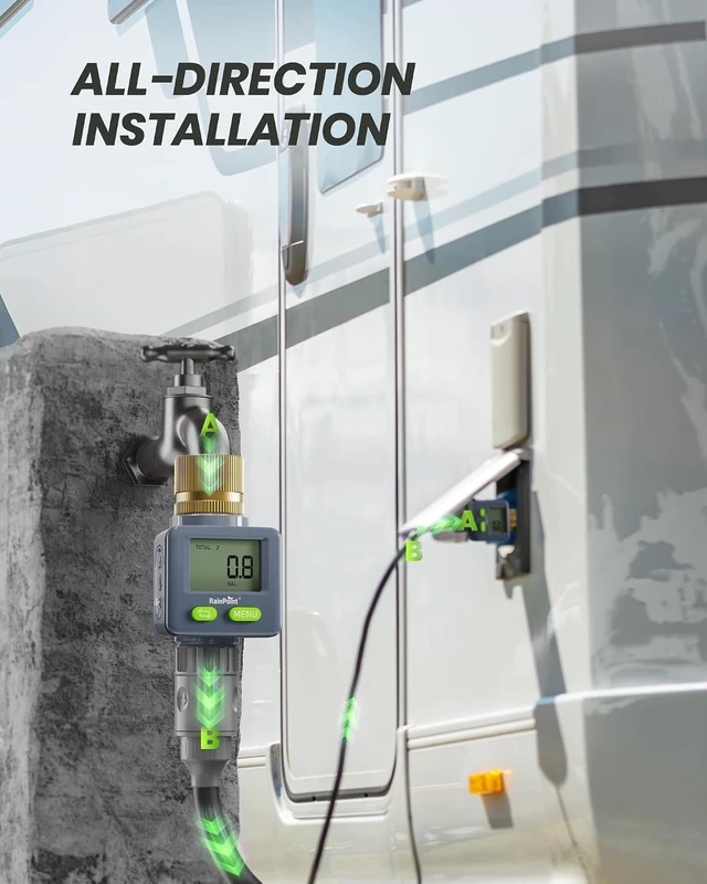 Alt view image 3 of 7 - Water Flow Meter with Brass Inlet, 180°Screen-Flip Garden Hose Flow Meter, Measure up to 9999.9 Gallon/Liter Consumption & Flow Rate for RV, Garden Hose, Sprinkler & Nozzle Sprayer