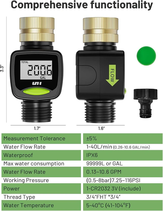 Alt view image 4 of 6 - Water Flow Meter with Brass Inlet Metal Thread, ±5% Measure Accuracy, RV Water Tank Filling, Measure Gallon/Liter Flow Rate for Outdoor Garden Hose Watering, Lawn Sprinkler and Nozzle Sprayer
