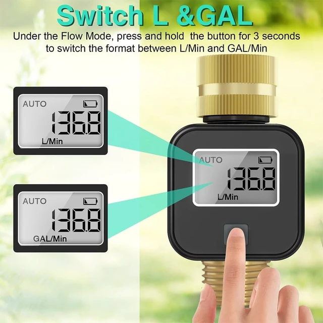 Alt view image 3 of 7 - Water Flow Meter with Brass Metal Thread, Measures Gallons/Liters & Flow Rate Ideal for RV Water Tank Filling, Garden Hose Watering, Lawn Sprinklers & Nozzle Sprayers