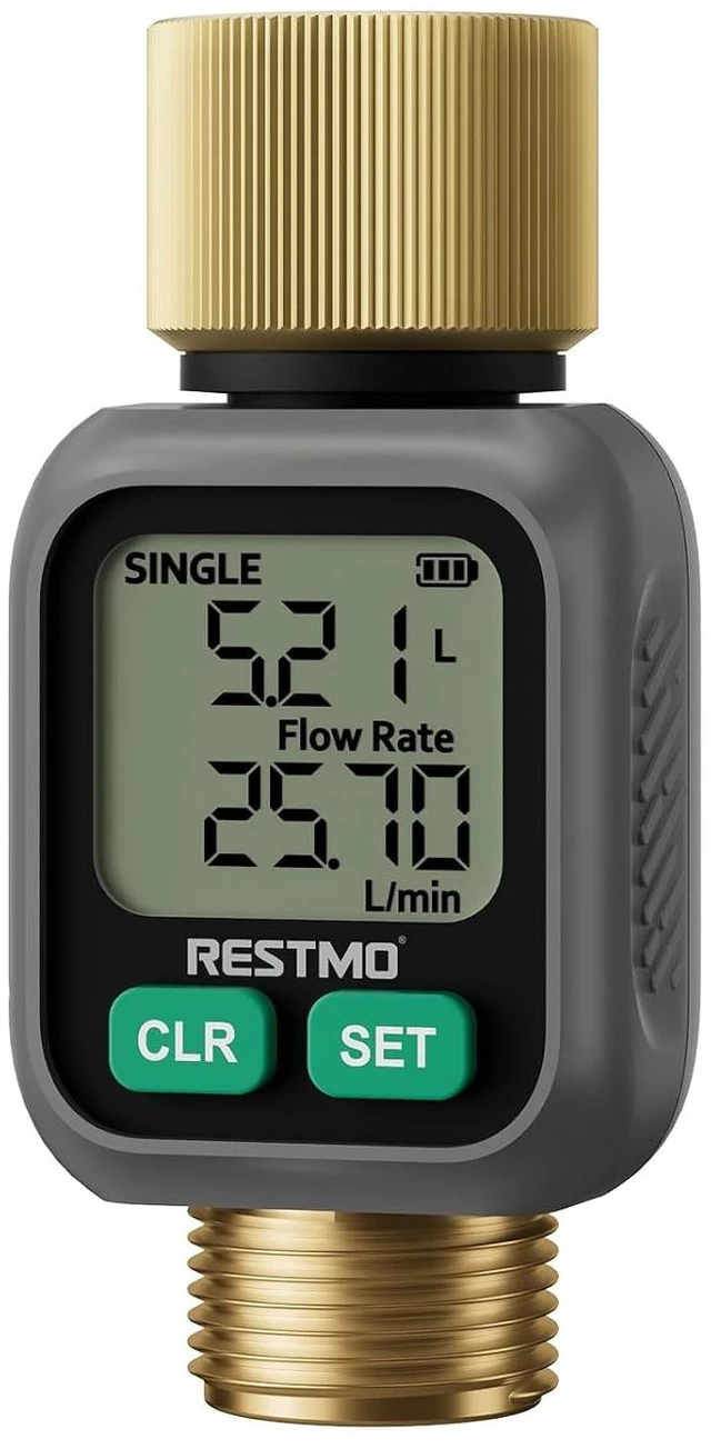 Main image of Water Flow Meter with Dual Zone Display Screen, Brass Water Meter ±4% Accuracy, Measure Gallon/Liter Consumption and Flow Rate for RV, Garden Hose, Sprinkler & Nozzle Sprayer