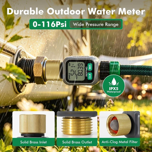 Alt view image 5 of 7 - Water Flow Meter with Dual Zone Display Screen, Brass Water Meter ±4% Accuracy, Measure Gallon/Liter Consumption and Flow Rate for RV, Garden Hose, Sprinkler & Nozzle Sprayer