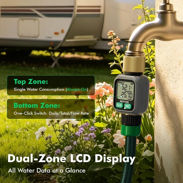 Alt view image 6 of 7 - Water Flow Meter with Dual Zone Display Screen, Brass Water Meter ±4% Accuracy, Measure Gallon/Liter Consumption and Flow Rate for RV, Garden Hose, Sprinkler & Nozzle Sprayer