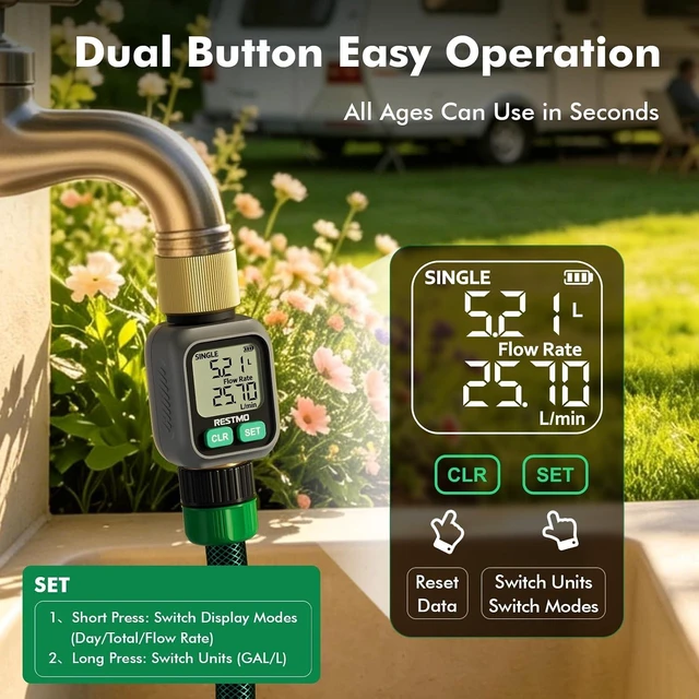 Alt view image 7 of 7 - Water Flow Meter with Dual Zone Display Screen, Brass Water Meter ±4% Accuracy, Measure Gallon/Liter Consumption and Flow Rate for RV, Garden Hose, Sprinkler & Nozzle Sprayer