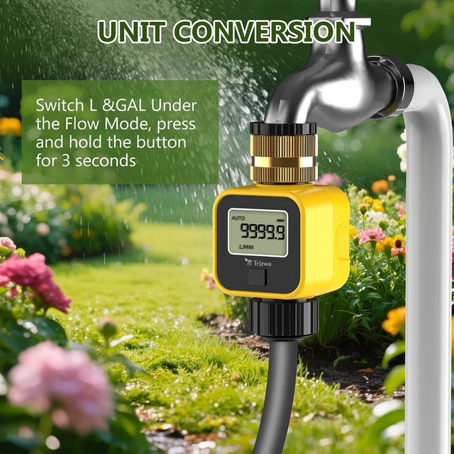 Alt view image 5 of 7 - Garden Hose Water Flow Meter with 3/4 Inch Brass Inlet Metal Thread Measure Gallon/Liter Consumption & Flow Rate for Outdoor Garden Hose Watering, RV Tank, Lawn Sprinkler and Nozzle Sprayer