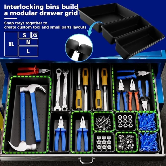 Alt view image 5 of 7 - 70 PCS Tool Box Organizer Tray & Desk Drawer Organizer Set, 5 Size Interlocking Bins for Garage Tool Storage, Mechanic Tool Chest, Rolling Cart, Workbench Drawers with EVA Non Slip Pads
