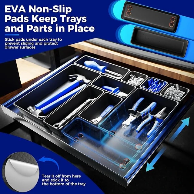 Alt view image 4 of 7 - 70 PCS Tool Box Organizer Tray & Desk Drawer Organizer Set, 5 Size Interlocking Bins for Garage Tool Storage, Mechanic Tool Chest, Rolling Cart, Workbench Drawers with EVA Non Slip Pads