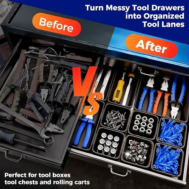 Alt view image 6 of 7 - 70 PCS Tool Box Organizer Tray & Desk Drawer Organizer Set, 5 Size Interlocking Bins for Garage Tool Storage, Mechanic Tool Chest, Rolling Cart, Workbench Drawers with EVA Non Slip Pads