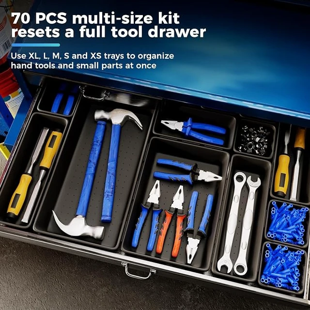 Alt view image 3 of 7 - 70 PCS Tool Box Organizer Tray & Desk Drawer Organizer Set, 5 Size Interlocking Bins for Garage Tool Storage, Mechanic Tool Chest, Rolling Cart, Workbench Drawers with EVA Non Slip Pads