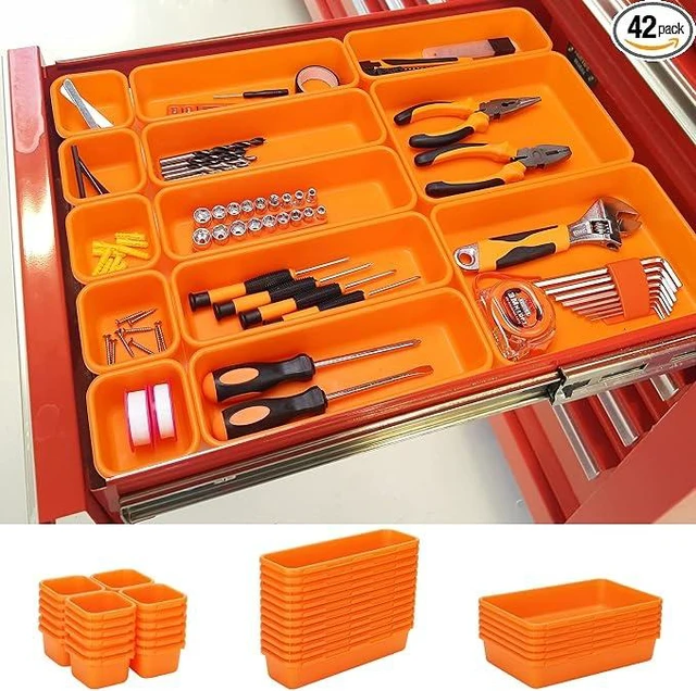 Alt view image 4 of 7 - 42 Pack Tool Box Organizer Tool Tray Dividers, Rolling Tool Chest Cart Cabinet Workbench Desk Drawer Organization and Storage for Hardware, Parts, Screws, Nuts, Small Tools Organization(Orange)