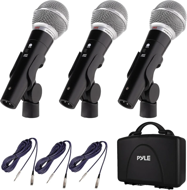 Main image of Pyle 3 Piece Professional Dynamic Microphone Kit Cardioid Unidirectional Vocal Handheld MIC with Hard Carry Case & Bag, Holder/Clip & 26ft XLR Audio Cable to 1/4'' Audio Connection