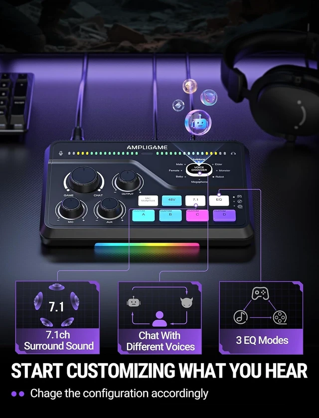 Alt view image 5 of 7 - FIFINE SC8 Gaming Audio Mixer for Live Streaming with 7.1ch Surround sound For PC,RGB,Headphone Preamp,Mute Button,Volume Control,Optical Input,48V Phantom Power,3 EQ Modes,Game Chat Volume Balacnce