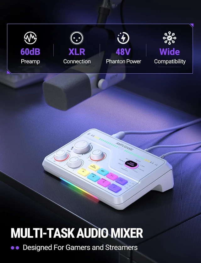 Alt view image 4 of 7 - FIFINE SC8 Gaming Audio Mixer for Live Streaming with 7.1ch Surround sound For PC,RGB,Headphone Preamp,Mute Button,Volume Control,Optical Input,48V Phantom Power,3 EQ Modes,Game Chat Volume Balacnce