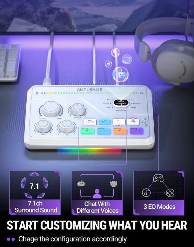 Alt view image 6 of 7 - FIFINE SC8 Gaming Audio Mixer for Live Streaming with 7.1ch Surround sound For PC,RGB,Headphone Preamp,Mute Button,Volume Control,Optical Input,48V Phantom Power,3 EQ Modes,Game Chat Volume Balacnce
