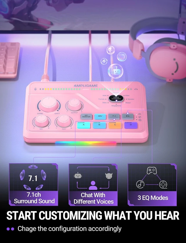 Alt view image 7 of 7 - FIFINE SC8 Gaming Audio Mixer for Live Streaming with 7.1ch Surround sound For PC,RGB,Headphone Preamp,Mute Button,Volume Control,Optical Input,48V Phantom Power,3 EQ Modes,Game Chat Volume Balacnce