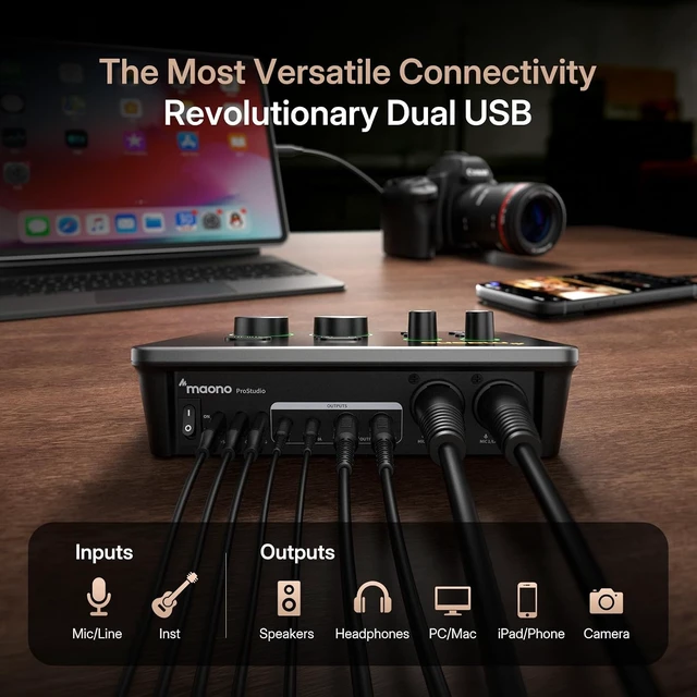 Alt view image 2 of 7 - MAONO Hybrid USB Audio Interface Dual XLR for PC Phone iPad Guitar 56dB Gain, Loopback, Mute, ASIO, Routing Software Features, for Podcast, Streaming, Mobile Music Recording, Content Creation