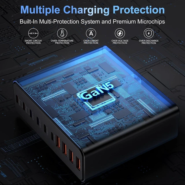 Alt view image 3 of 6 - 1000W USB C Charging Station with 240W USB C Cables, 120W PD GaN5 Super Fast USB C Charger Block Type C for Laptop MacBook Pro/Air, 10-Port Charging Block for iPhone 17/18/16/15