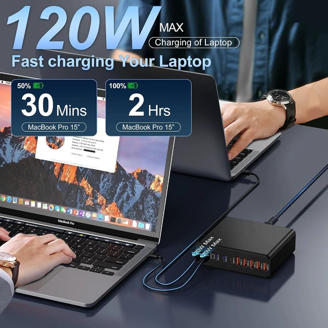 Alt view image 4 of 6 - 1000W USB C Charging Station with 240W USB C Cables, 120W PD GaN5 Super Fast USB C Charger Block Type C for Laptop MacBook Pro/Air, 10-Port Charging Block for iPhone 17/18/16/15