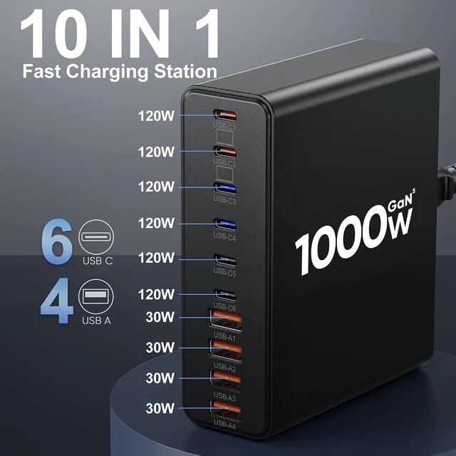 Alt view image 2 of 6 - 1000W USB C Charging Station with 240W USB C Cables, 120W PD GaN5 Super Fast USB C Charger Block Type C for Laptop MacBook Pro/Air, 10-Port Charging Block for iPhone 17/18/16/15