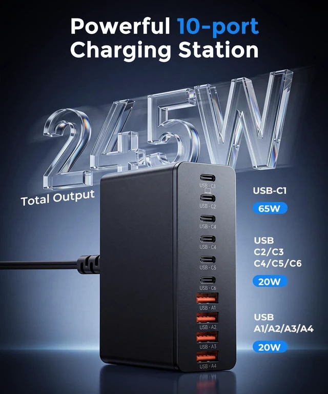 Alt view image 4 of 6 - USB C Charging Station 10 Port with 4 Cables, 245W GaN Charger Block, Type C Wall Charger Power Strip Adapter Plug for iPad iPhone17 16 15 14 13 12 Pro Max Pixel Note Galaxy Black