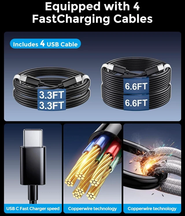 Alt view image 6 of 6 - USB C Charging Station 10 Port with 4 Cables, 245W GaN Charger Block, Type C Wall Charger Power Strip Adapter Plug for iPad iPhone17 16 15 14 13 12 Pro Max Pixel Note Galaxy Black
