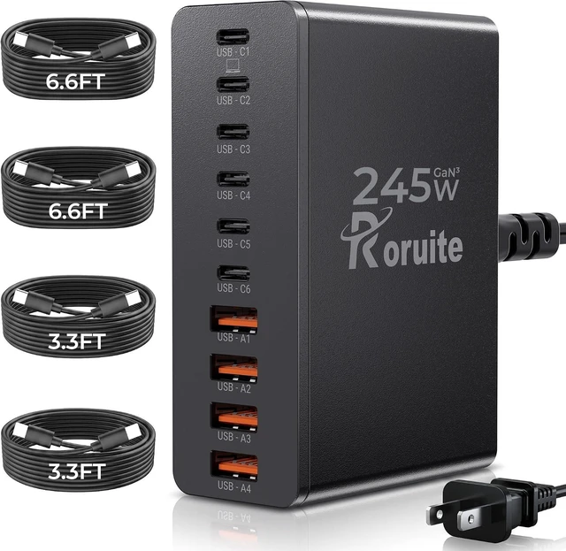 Main image of USB C Charging Station 10 Port with 4 Cables, 245W GaN Charger Block, Type C Wall Charger Power Strip Adapter Plug for iPad iPhone17 16 15 14 13 12 Pro Max Pixel Note Galaxy Black