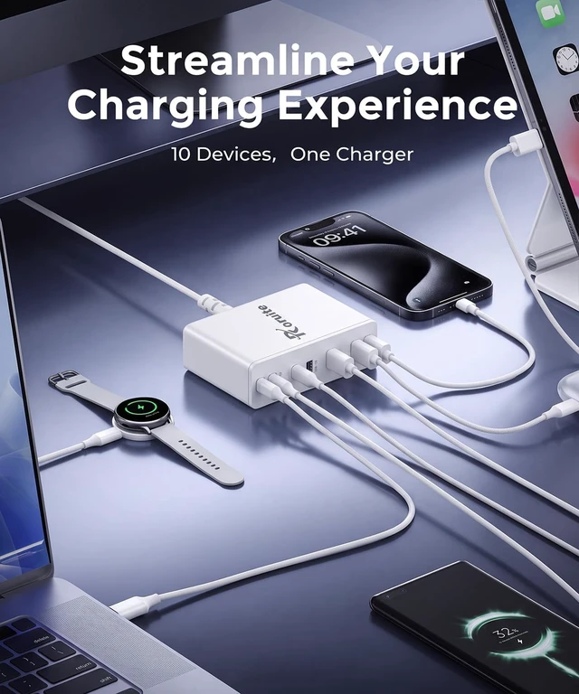 Alt view image 2 of 6 - USB C Charging Station 10 Port with 4 Cables, 245W GaN Charger Block, Type C Wall Charger Power Strip Adapter Plug for iPad iPhone17 16 15 14 13 12 Pro Max Pixel Note Galaxy White