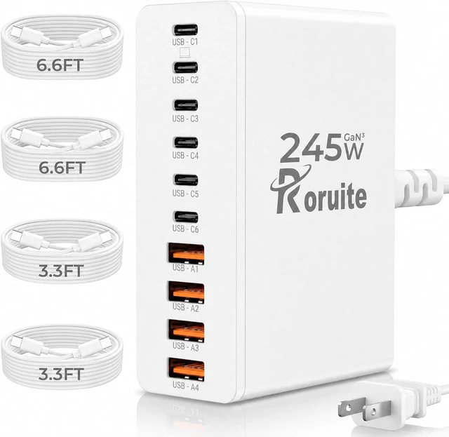 Main image of USB C Charging Station 10 Port with 4 Cables, 245W GaN Charger Block, Type C Wall Charger Power Strip Adapter Plug for iPad iPhone17 16 15 14 13 12 Pro Max Pixel Note Galaxy White
