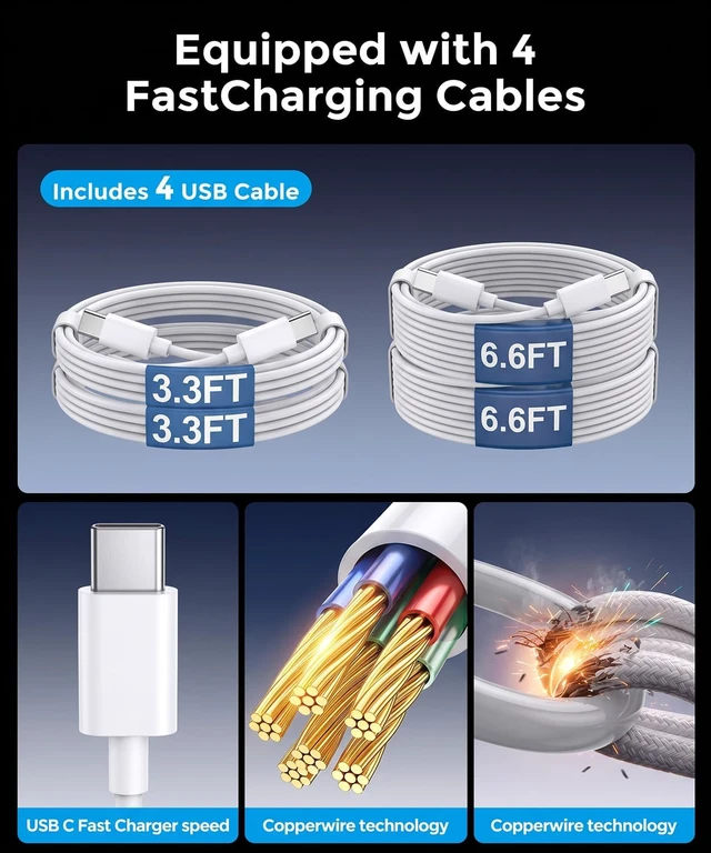 Alt view image 4 of 6 - USB C Charging Station 10 Port with 4 Cables, 245W GaN Charger Block, Type C Wall Charger Power Strip Adapter Plug for iPad iPhone17 16 15 14 13 12 Pro Max Pixel Note Galaxy White