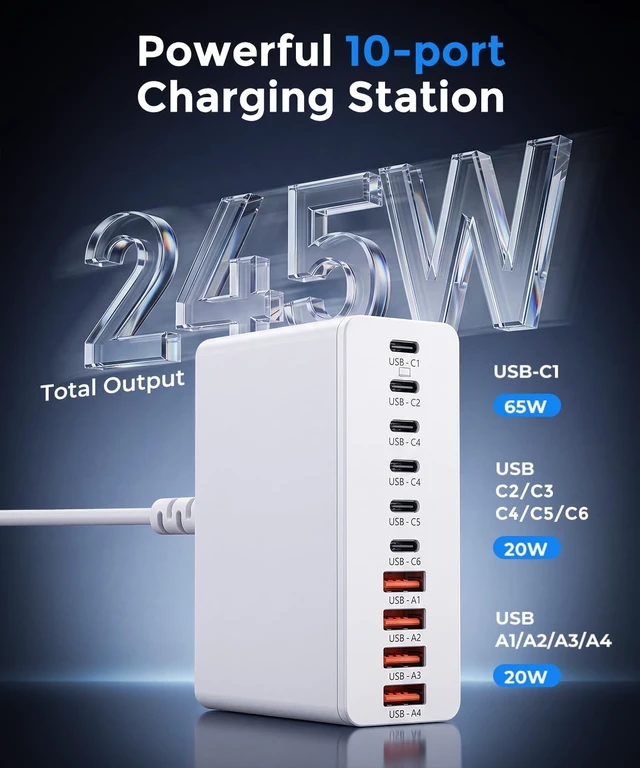 Alt view image 3 of 6 - USB C Charging Station 10 Port with 4 Cables, 245W GaN Charger Block, Type C Wall Charger Power Strip Adapter Plug for iPad iPhone17 16 15 14 13 12 Pro Max Pixel Note Galaxy White