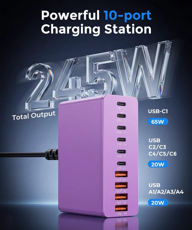 Alt view image 3 of 6 - USB C Charging Station 10 Port with 4 Cables, 245W GaN Charger Block, Type C Wall Charger Power Strip Adapter Plug for iPad iPhone17 16 15 14 13 12 Pro Max Pixel Note Galaxy Purple