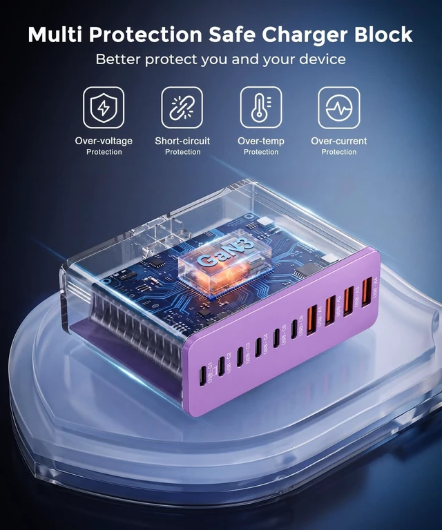 Alt view image 5 of 6 - USB C Charging Station 10 Port with 4 Cables, 245W GaN Charger Block, Type C Wall Charger Power Strip Adapter Plug for iPad iPhone17 16 15 14 13 12 Pro Max Pixel Note Galaxy Purple