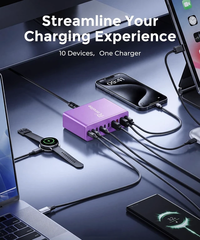 Alt view image 2 of 6 - USB C Charging Station 10 Port with 4 Cables, 245W GaN Charger Block, Type C Wall Charger Power Strip Adapter Plug for iPad iPhone17 16 15 14 13 12 Pro Max Pixel Note Galaxy Purple