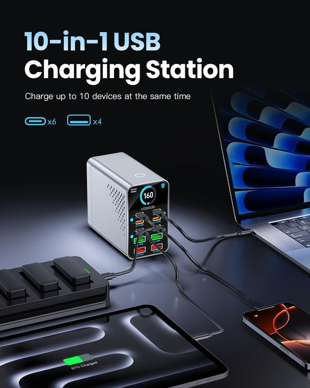 Alt view image 5 of 7 - 160W Max 10-Port GaN USB C Charger Block, for MacBook Pro, Laptop Charger, Smart Display, Touch Control, Up to 140W Fast Charging for One Device, Compatible with Mac Pro,iPhone 18/17 Series,Galaxy