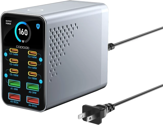 Main image of 160W Max 10-Port GaN USB C Charger Block, for MacBook Pro, Laptop Charger, Smart Display, Touch Control, Up to 140W Fast Charging for One Device, Compatible with Mac Pro,iPhone 18/17 Series,Galaxy
