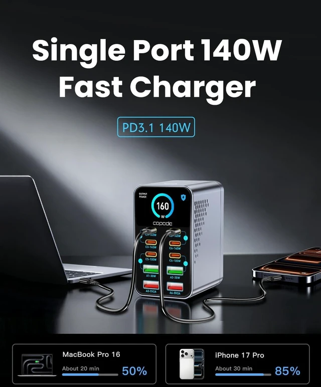 Alt view image 3 of 7 - 160W Max 10-Port GaN USB C Charger Block, for MacBook Pro, Laptop Charger, Smart Display, Touch Control, Up to 140W Fast Charging for One Device, Compatible with Mac Pro,iPhone 18/17 Series,Galaxy