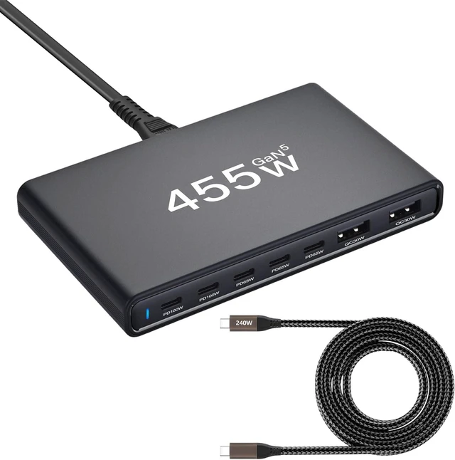 Main image of 455W GaN5 7-Port Slim Design Charging Station + 240W 6.6 ft Data Cable, Compatible with Phones, Tablets, Laptops, Smart Wearables, and Gaming Devices